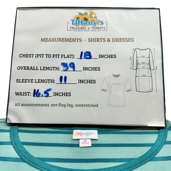 LuLaRoe Retired Julia Dress M Dark and Light Teal Striped SS Form Fitting NWT - Picture 7 of 8